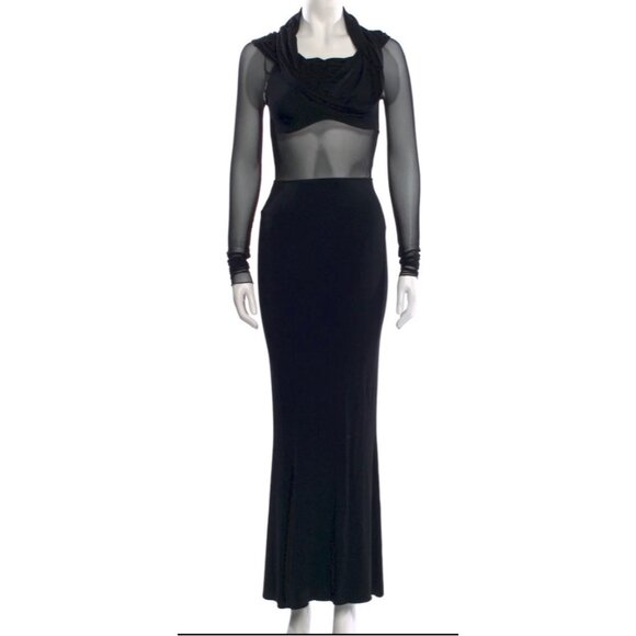 Commense Black Sheer Long-Sleeve Maxi Dress With Drape Neckline. Cow neck - Picture 1 of 6